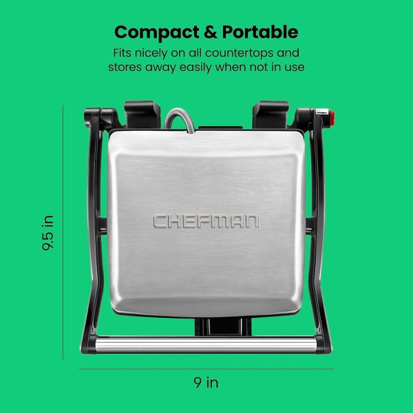 Chefman Panini Press Grill and Gourmet Sandwich Maker Non-Stick Coated Plates, Opens 180 Degrees to Fit Any Type or Size of Food, Stainless Steel Surface and Removable Drip Tray, 4 Slice, Black - Image 8